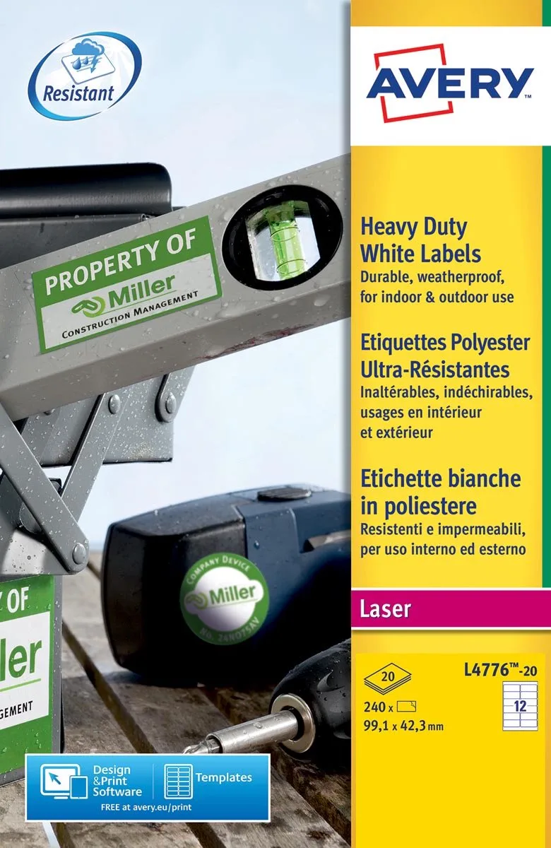 L4776-20 ultra-sterke etiketten ft 99,1 x 42,3 mm (b x h), 240 etiketten, wit 5 stuks fra Avery i 99, 1 × 42, 3 mm – produktbillede