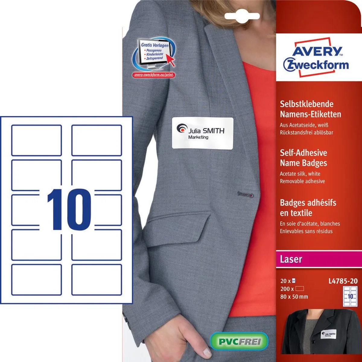 L4785-20 Naambadges – 80 x 50 mm – Wit – 200 Etiketten von Avery in Weiß – Produktfoto