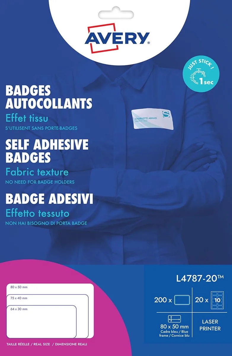 L4787-20 zelfklevende badge ft 80 x 50 mm, doos van 200 stuks, 5 stuks von Avery in Weiß, Blau – Produktfoto