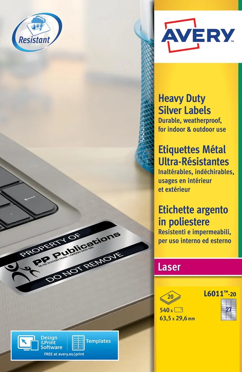 L6011-20 ultra-sterke etiketten ft 63,5 x 29,6 mm (b x h), 540 etiketten, zilver by Avery – product photo