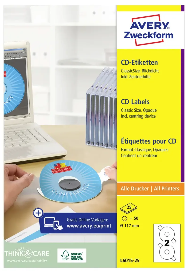 L6015-25 CD-Etiketten Ø 117 mm Papier Weiß 50 St. Permanent haftend Tintenstrahldrucker, Laserdrucker, Farblaserdrucker, Kopierer von Avery – Produktfoto