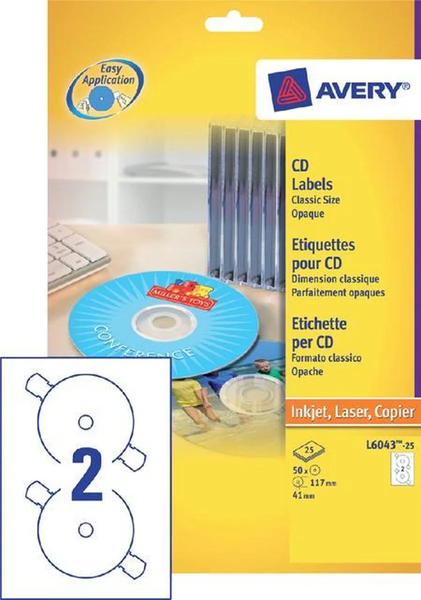 L6043-100 Transparant CD printeretiket von Avery in Weiß – Produktfoto