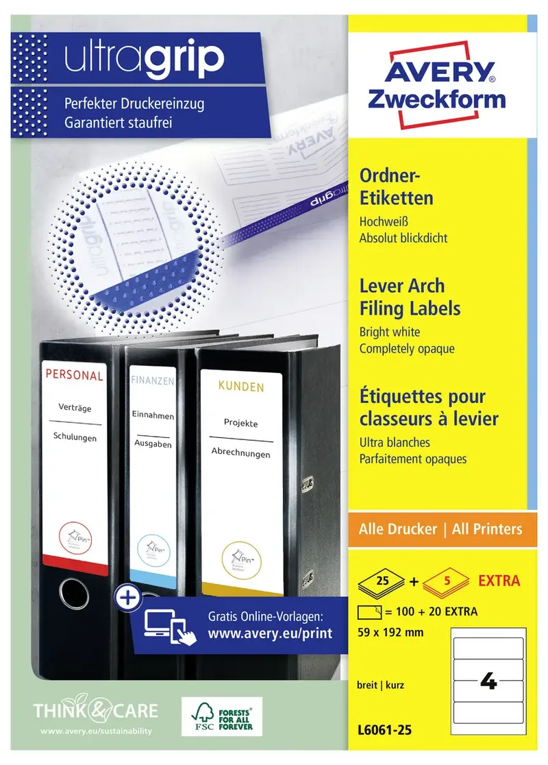 L6061-25 Ordner-Etiketten 59 x 192 mm Papier Weiß 120 St. Permanent haftend Farblaserdrucker, Laserdrucker, Farbkopierer, Kopierer by Avery – product photo