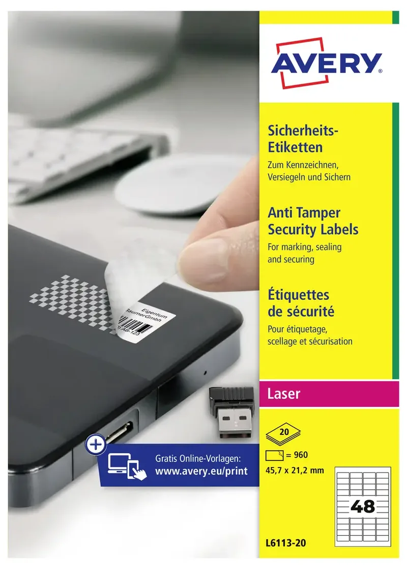 L6113-20 Sicherheits-Etiketten 45.7 x 21.2 mm Polyester-Folie Weiß 960 St. Permanent haftend Laserdrucker, Kopierer, Handbeschriftung von Avery – Produktfoto