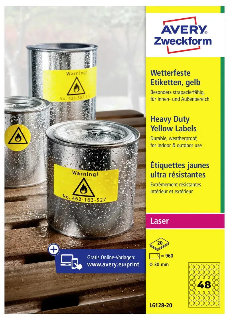 L6128-20 Folien-Etiketten Ø 30 mm Polyester-Folie Gelb 960 St. Permanent haftend Farblaserdrucker, Laserdrucker, Farbkopierer, Kopierer de Avery – photo produit