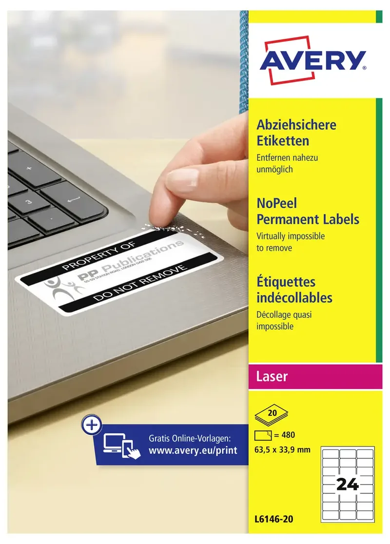 L6146-20 Sicherheits-Etiketten 63.5 x 33.9 mm Polyester-Folie Weiß 480 St. Permanent haftend Laserdrucker de Avery – photo produit