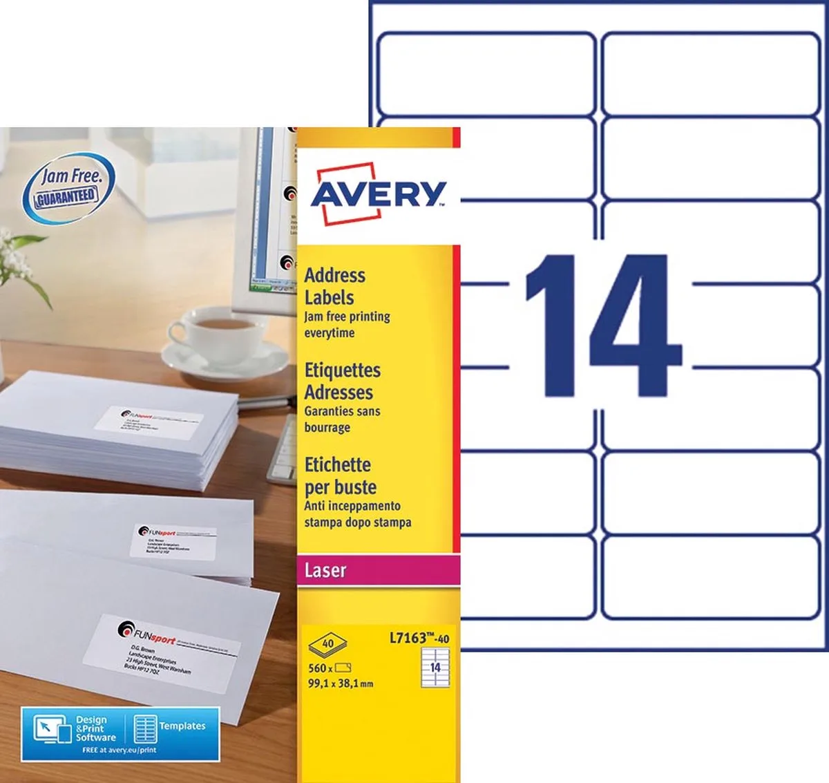 L7163, Adresetiketten, Laser, Ultragrip, wit, 40 vellen, 14 per vel, 99,1 x 38,1 mm 5 stuks från Avery i 99, 1 × 38, 1 mm – produktbild