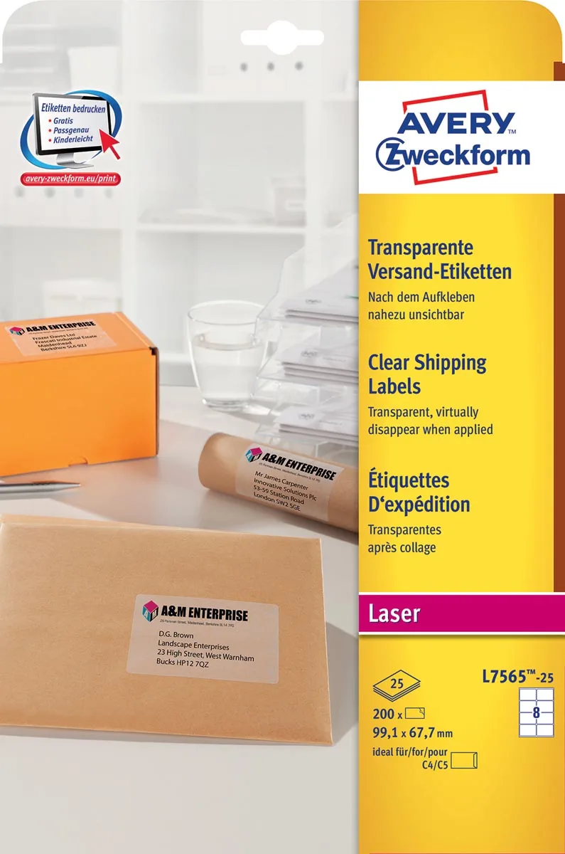 L7565-25 verzendetiketten ft 99,1 x 67,7 mm (b x h), 200 etiketten, transparant by Avery – product photo