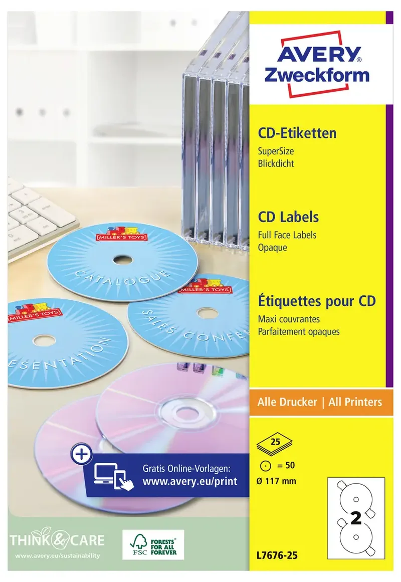 L7676-25 CD-Etiketten Ø 117 mm Papier Weiß 50 St. Permanent haftend Tintenstrahldrucker, Laserdrucker, Farblaserdrucker, Kopierer by Avery – product photo