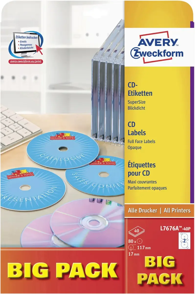 L7676A-40P CD-Etiketten Ø 117 mm Papier Weiß 80 St. Permanent haftend Farblaserdrucker, Laserdrucker, Farbkopierer, Kopierer de Avery – photo produit
