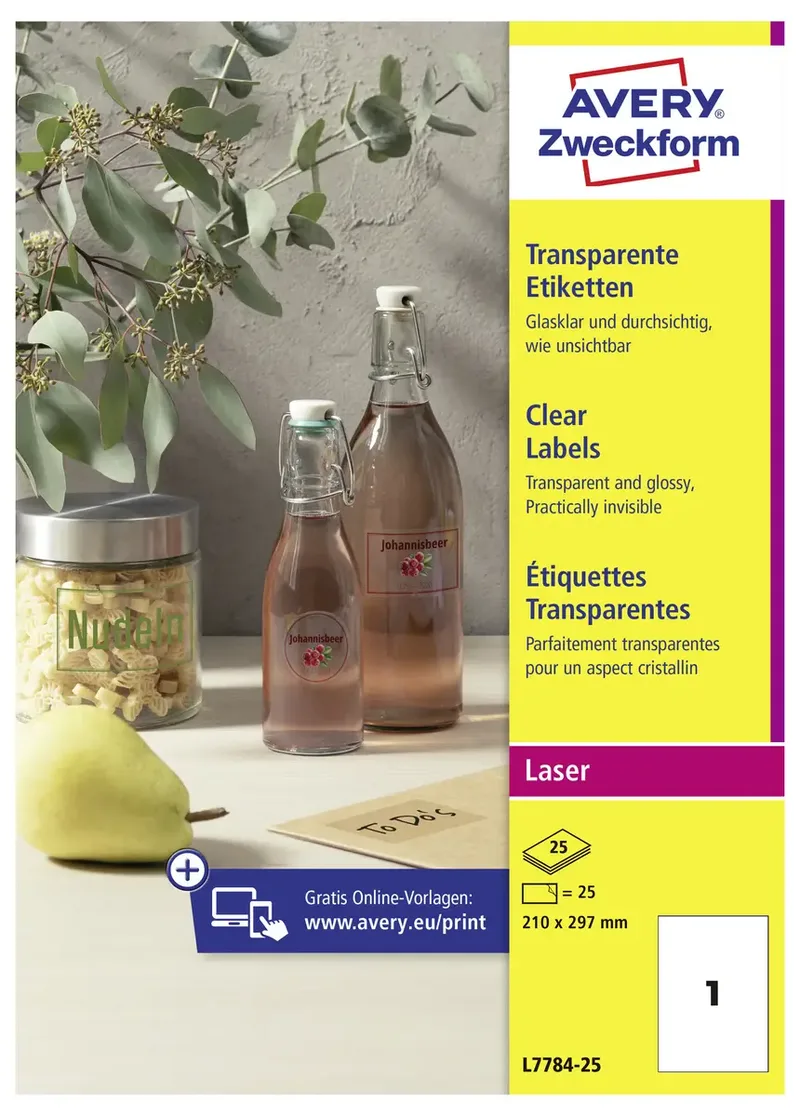 L7784-25 Folien-Etiketten 210 x 297 mm Polyester-Folie Transparent 25 St. Permanent haftend Farblaserdrucker, Laserdrucker, Farbkopierer by Avery – product photo