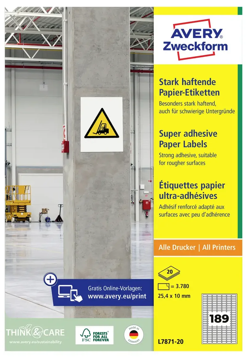 L7871-20 Kraftkleber-Etiketten 25.4 x 10 mm Papier Weiß 3780 St. Permanent haftend, Stark haftend Tintenstrahldrucker, Laserdrucker de Avery – photo produit