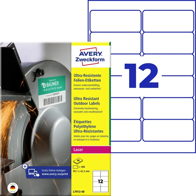 L7913-40 Universal-Etiketten 99.1 x 42.3 mm Polyethylenfolie Weiß 480 St. Permanent haftend Laser 40 Blatt DIN A4 de Avery – photo produit