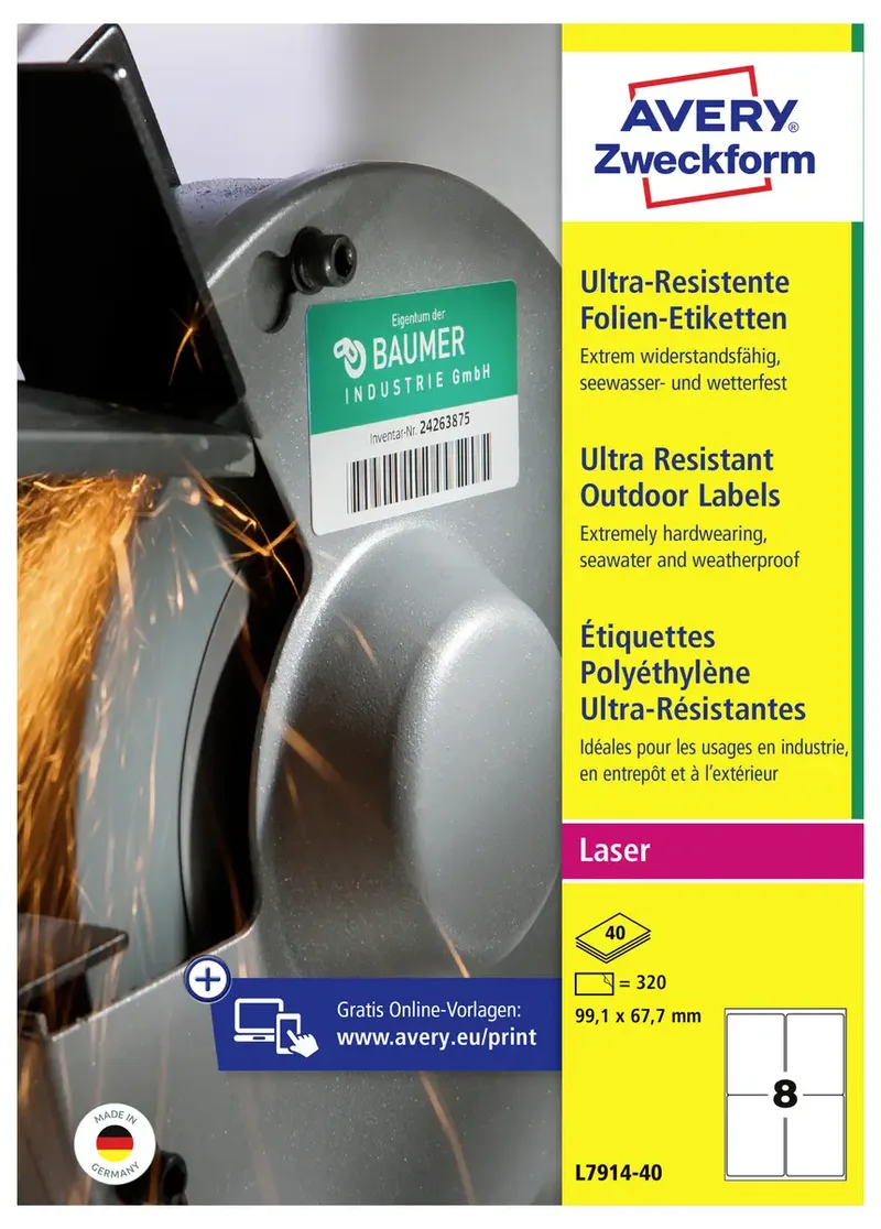 L7914-40 Folien-Etiketten 99.1 x 67.7 mm Polyethylenfolie Weiß 320 St. Permanent haftend Farblaserdrucker, Laserdrucker, Farbkopierer von Avery – Produktfoto