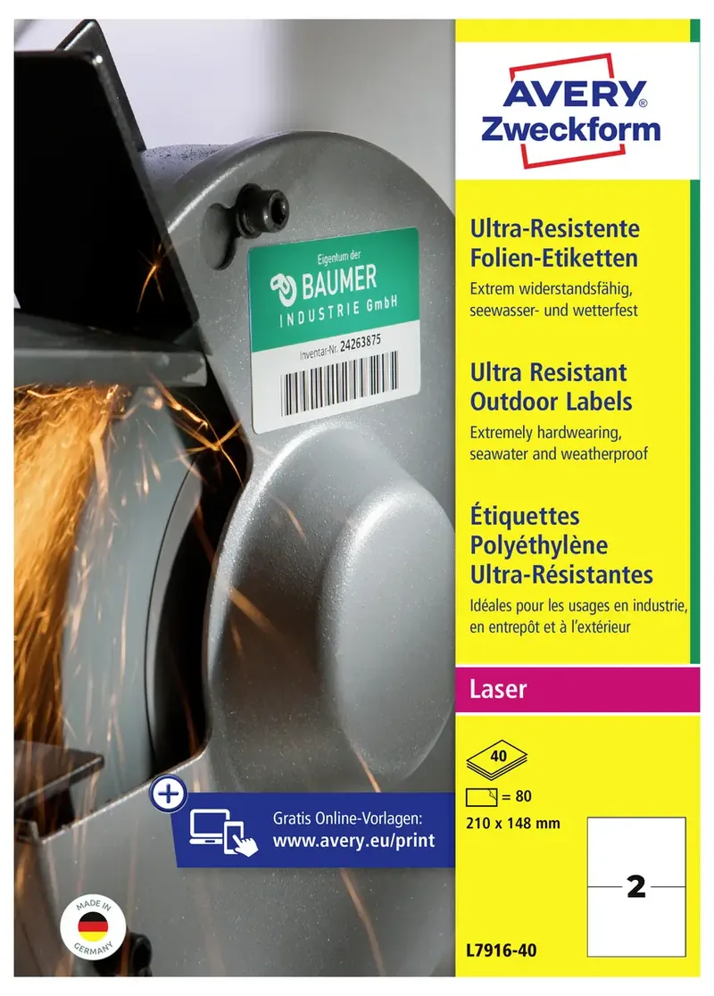 L7916-40 Universal-Etiketten 210 x 148 mm Polyethylenfolie Weiß 80 St. Permanent haftend Laser 40 Blatt DIN A4 de Avery – photo produit