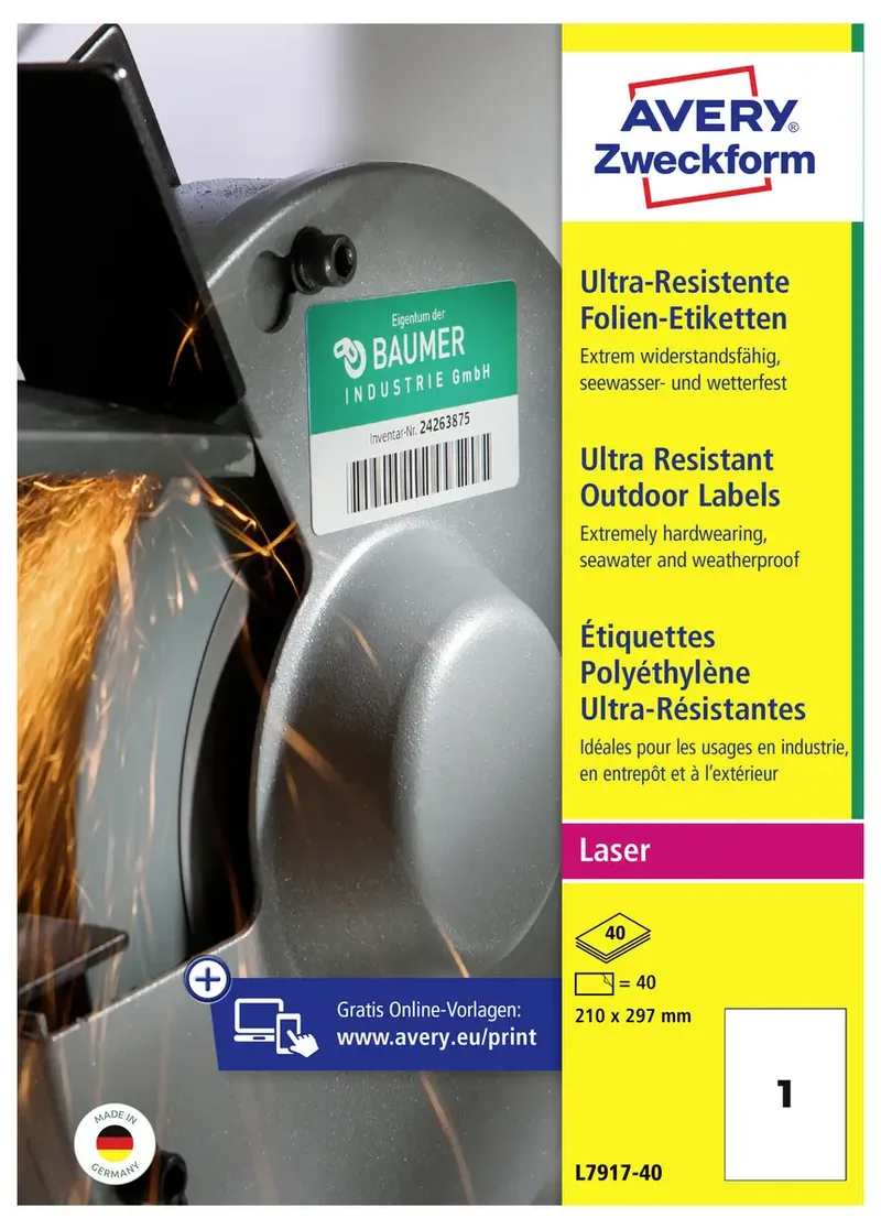 L7917-40 Folien-Etiketten 210 x 297 mm Polyethylenfolie Weiß 40 St. Permanent haftend Farblaserdrucker, Laserdrucker, Farbkopierer, Kopierer von Avery – Produktfoto