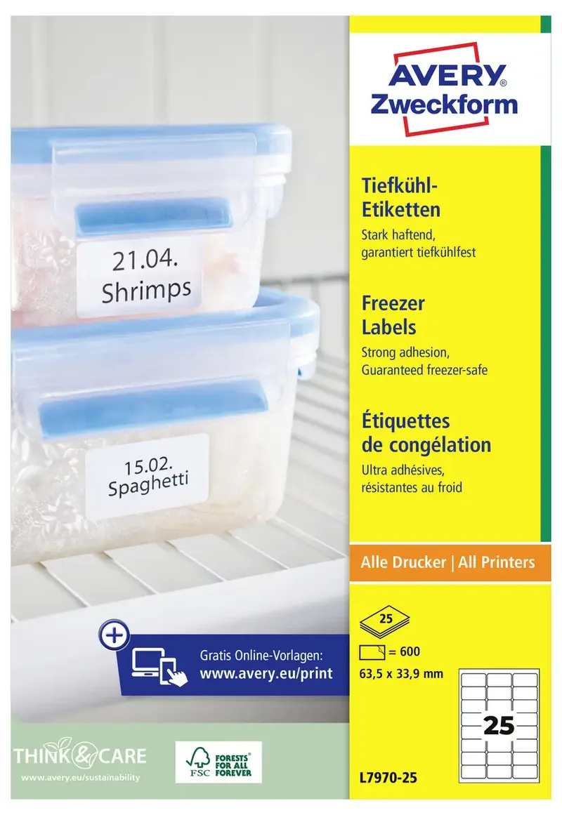L7970-25 Tiefkühl-Etiketten 63.5 x 33.9 mm Papier Weiß 600 St. Permanent haftend Tintenstrahldrucker, Laserdrucker, Farblaserdrucker, Kopierer de Avery – photo produit