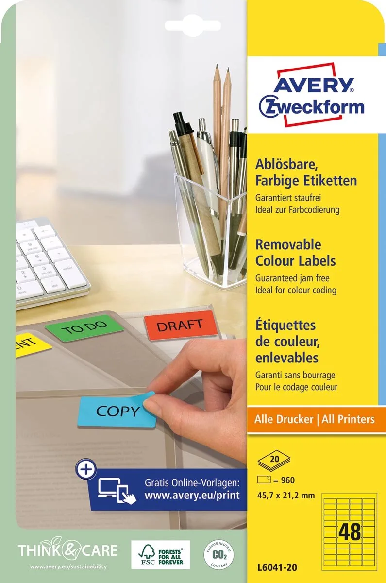 Mini-etiketten geel 5 stuks fra Avery i 21, 2 × 45, 7 mm – produktbillede