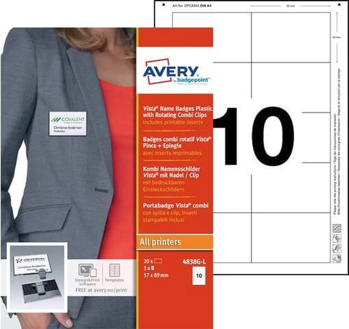 Naambadge Avery Vista 57x89mm - 20 x grijs met combiclip von Avery in Transparent – Produktfoto