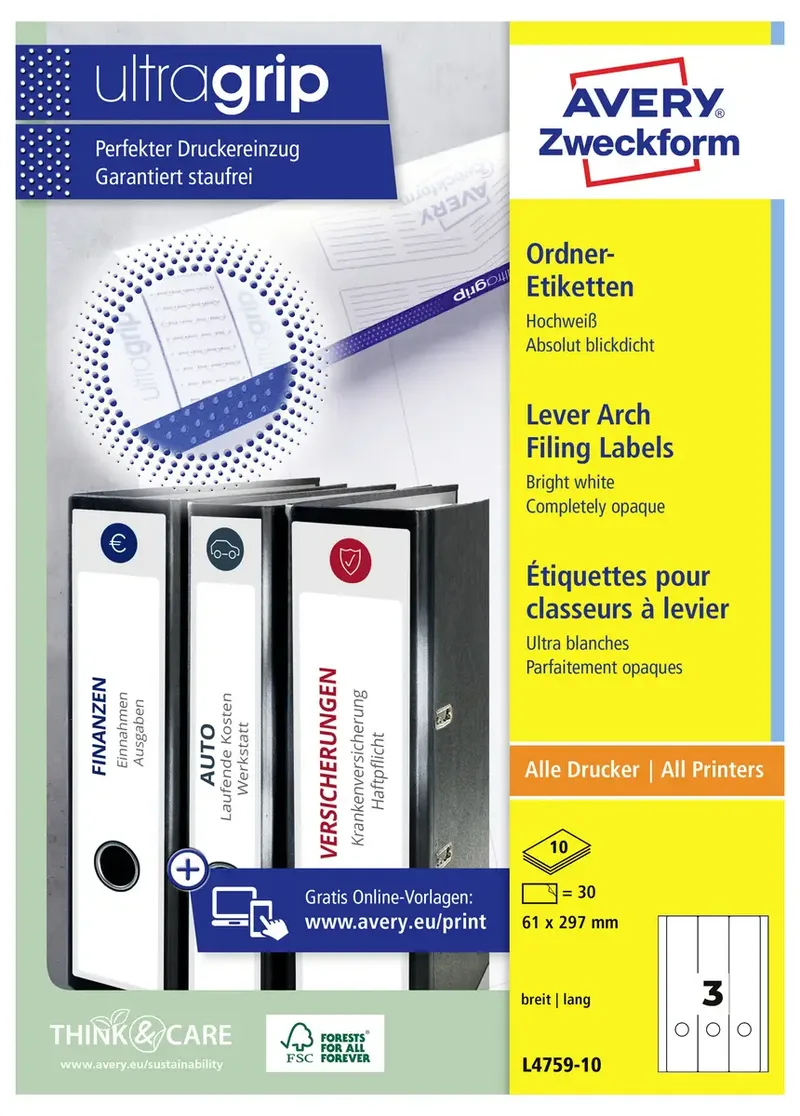 Ordner-Etiketten L4759-10 61 x 297 mm Papier Weiß Permanent haftend 30 St. de Avery – photo produit