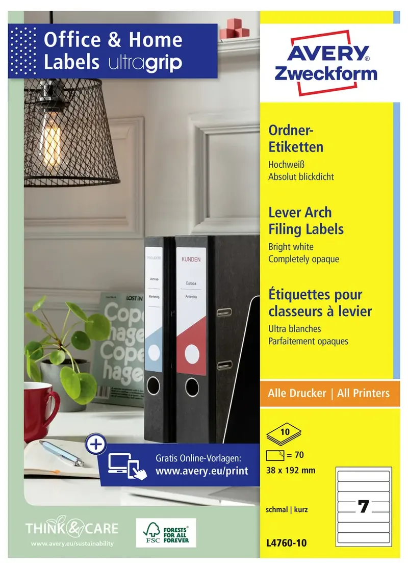 Ordner-Etiketten L4760-10 38 x 192 mm Papier Weiß Permanent haftend 70 St. by Avery – product photo