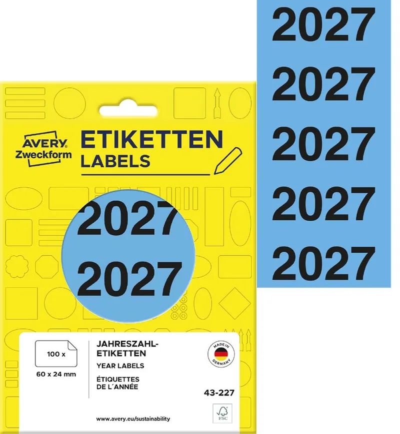 Ordner-Inhaltsschild , 2027, , 60x26 mm, blau von Avery – Produktfoto