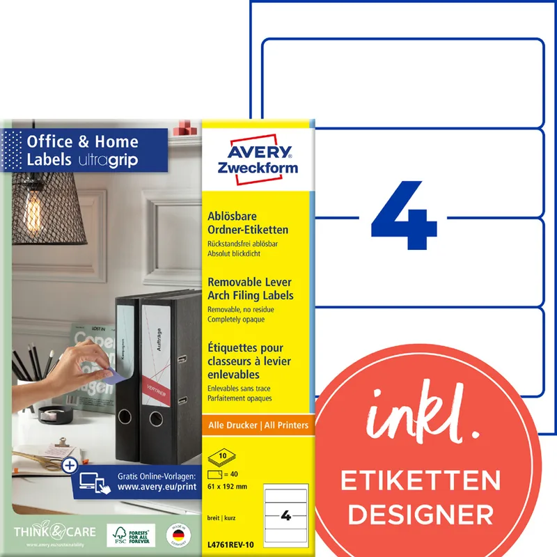 Ordnerrücken-Etiketten, 61 x 192 mm, weiß von Avery – Produktfoto