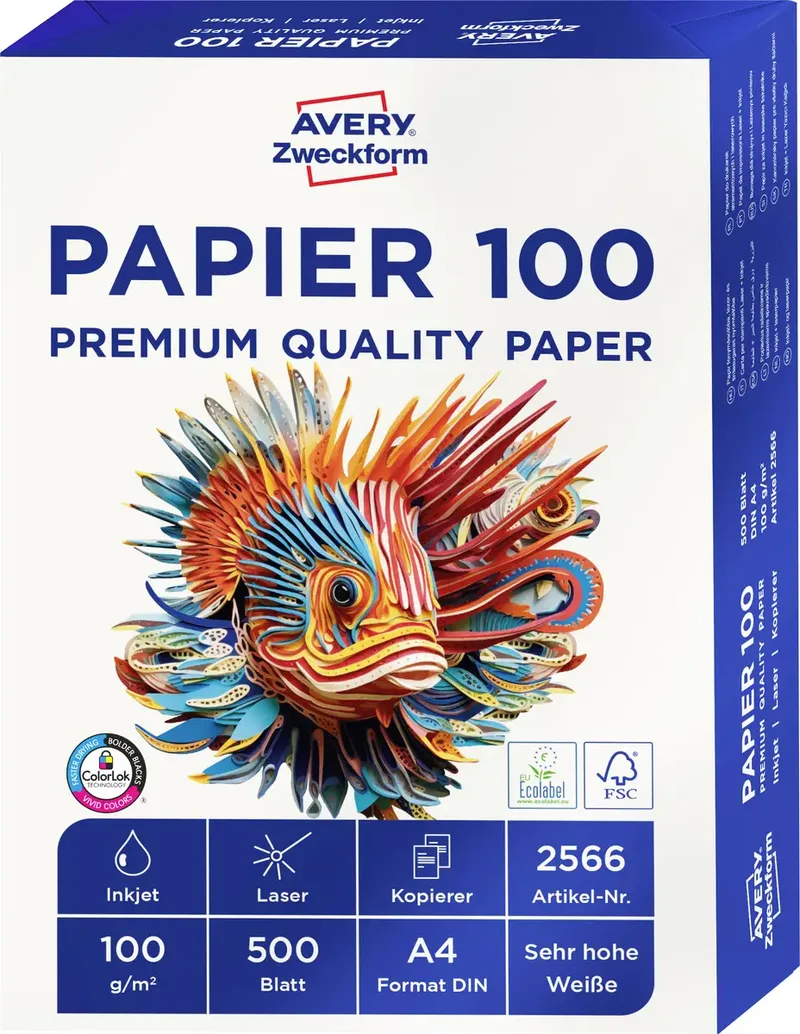 PAPIER 100 Premium Quality Paper 2566 Universal Druckerpapier Kopierpapier DIN A4 100 g/m² 500 Blatt Hochweiß von Avery – Produktfoto