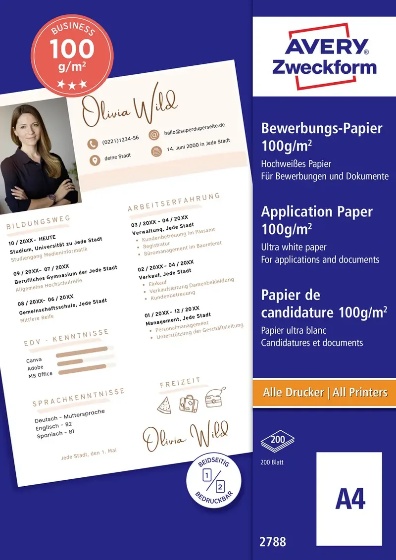 Avery-Zweckform Papier 2788 Sollicitatiepapier DIN A4 100 g/m² 200 vellen Wit van Avery – productfoto
