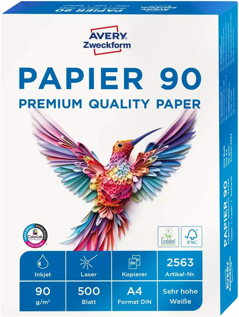 PAPIER 90 Premium Quality Paper 2563 Universal Druckerpapier Kopierpapier DIN A4 90 g/m² 500 Blatt Weiß von Avery – Produktfoto