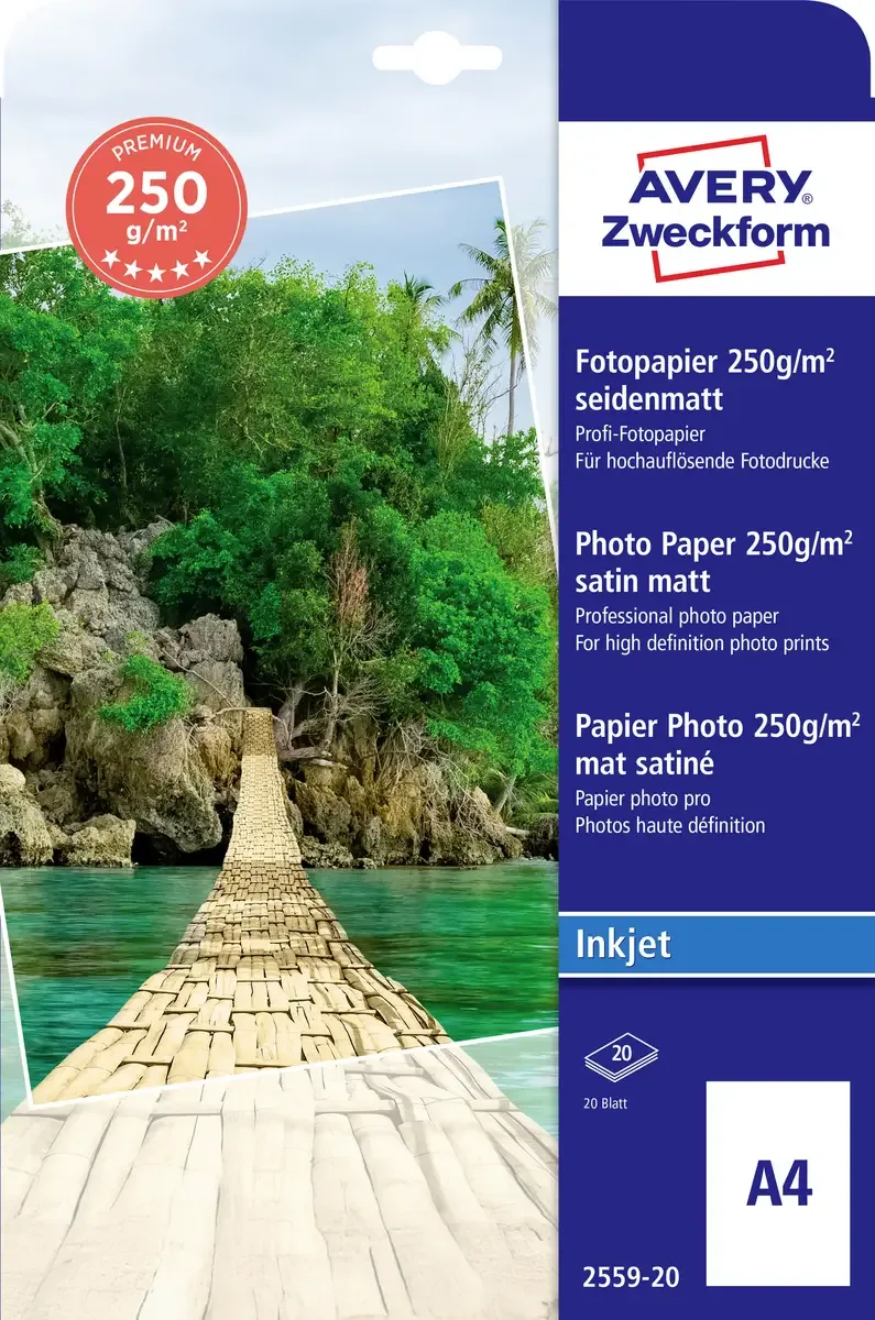 Premium 2559-20 Fotopapier DIN A4 250 g/m² 20 Blatt Seidenmatt de Avery – photo produit