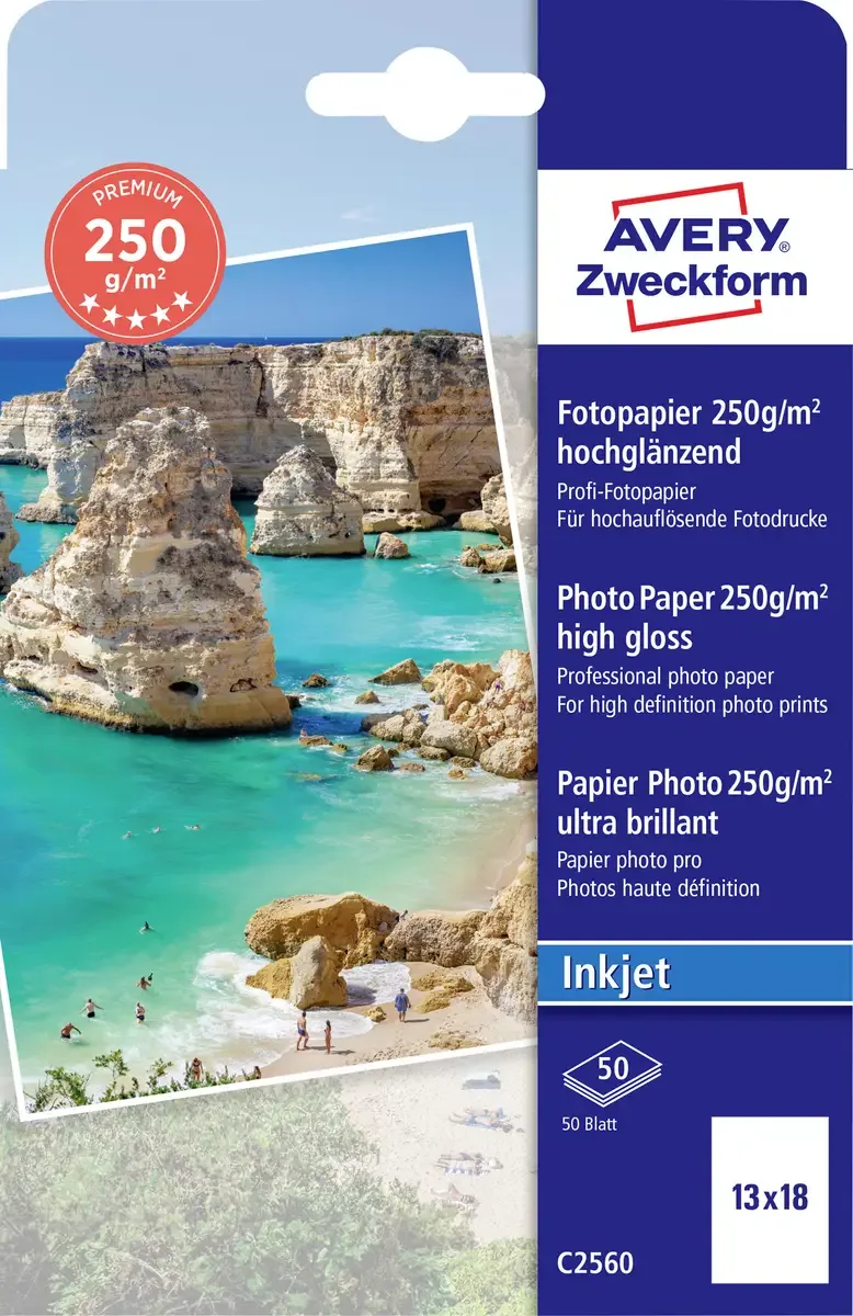 Premium C2560 Fotopapier 13 x 18 cm 250 g/m² 50 Blatt Hochglänzend by Avery – product photo