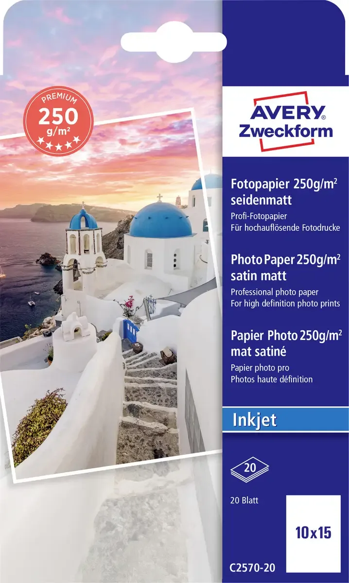 Premium C2570-20 Fotopapier 10 x 15 cm 250 g/m² 20 Blatt Seidenmatt de Avery – photo produit