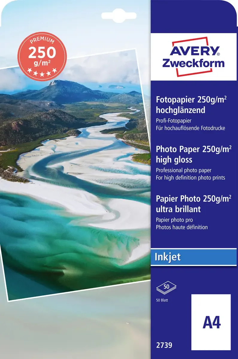 Premium Inkjet Photo Paper high gloss 2739 Fotopapier DIN A4 250 g/m² 50 Blatt Hochglänzend de Avery – photo produit
