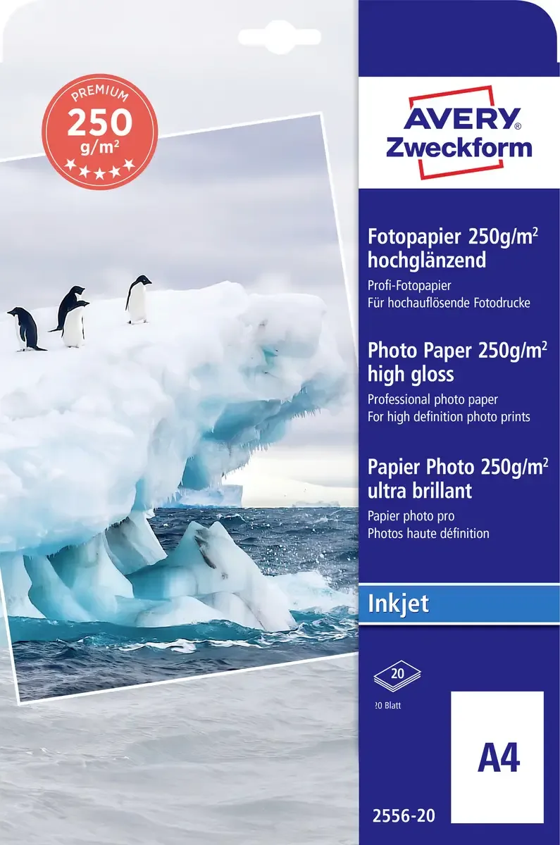 Premium Photo Paper Inkjet 2556-20 Fotopapier DIN A4 250 g/m² 20 Blatt Hochglänzend by Avery – product photo