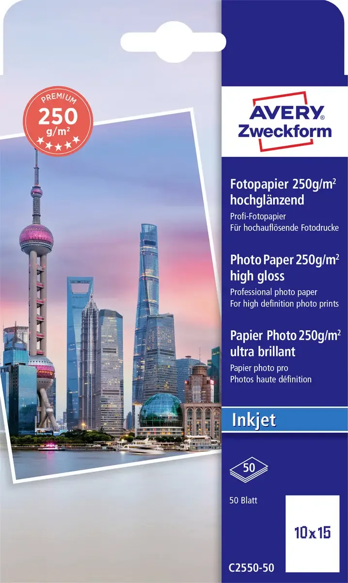 Premium Photo Paper Inkjet C2550-50 Fotopapier 10 x 15 cm 250 g/m² 50 Blatt Hochglänzend by Avery – product photo