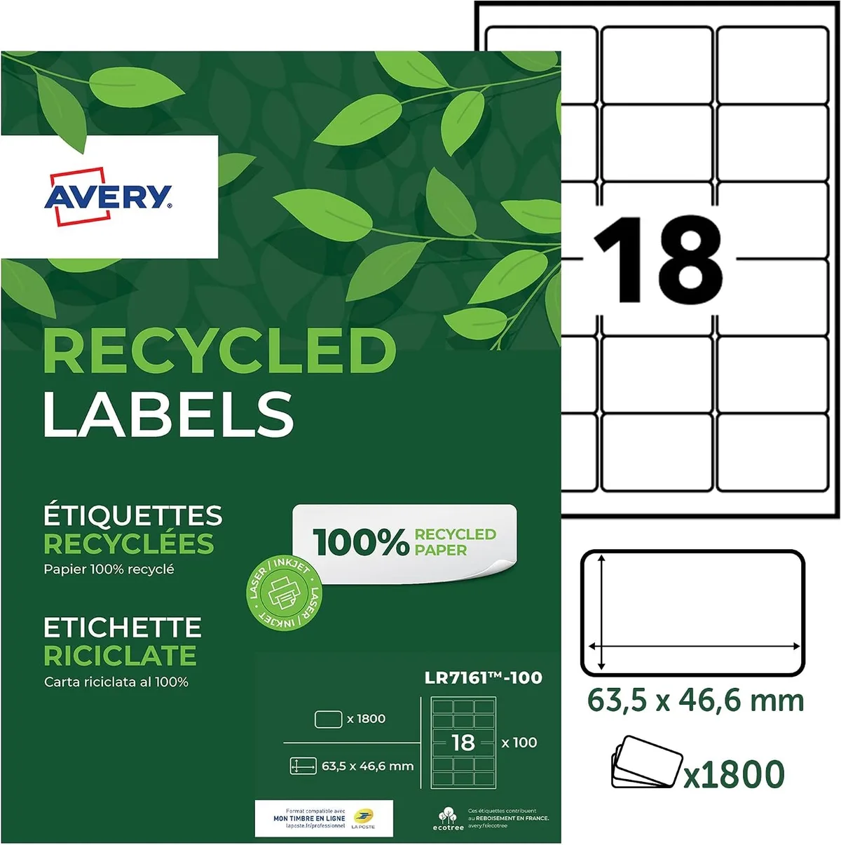 Recycling Etiketten 63,5x46,6mm - 1800 stuks de Avery en Blanc – photo produit
