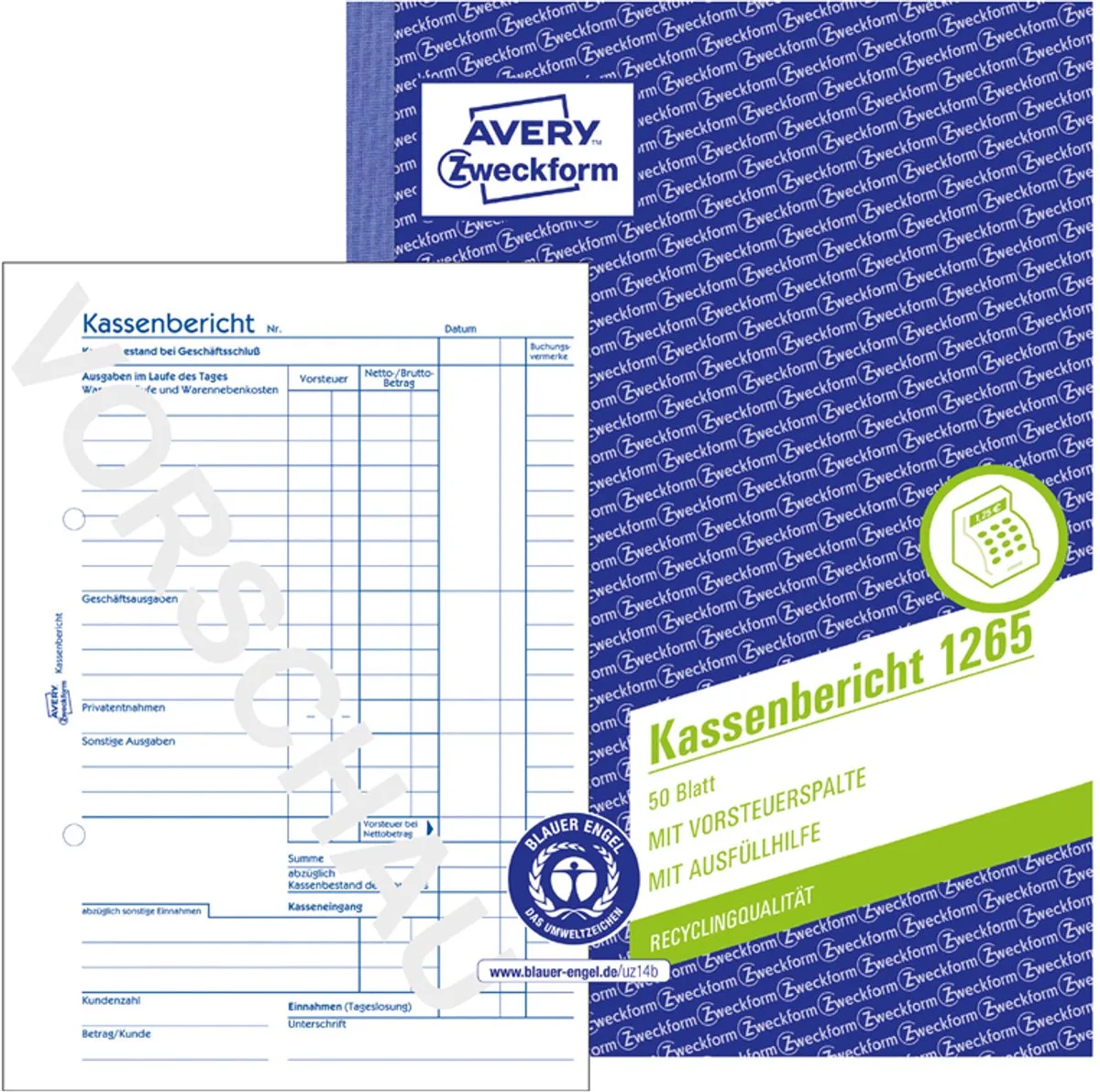 recycling formulierboek Kassenbericht, A5, 50 vel, 100% gerecycled papier de Avery en Bleu – photo produit
