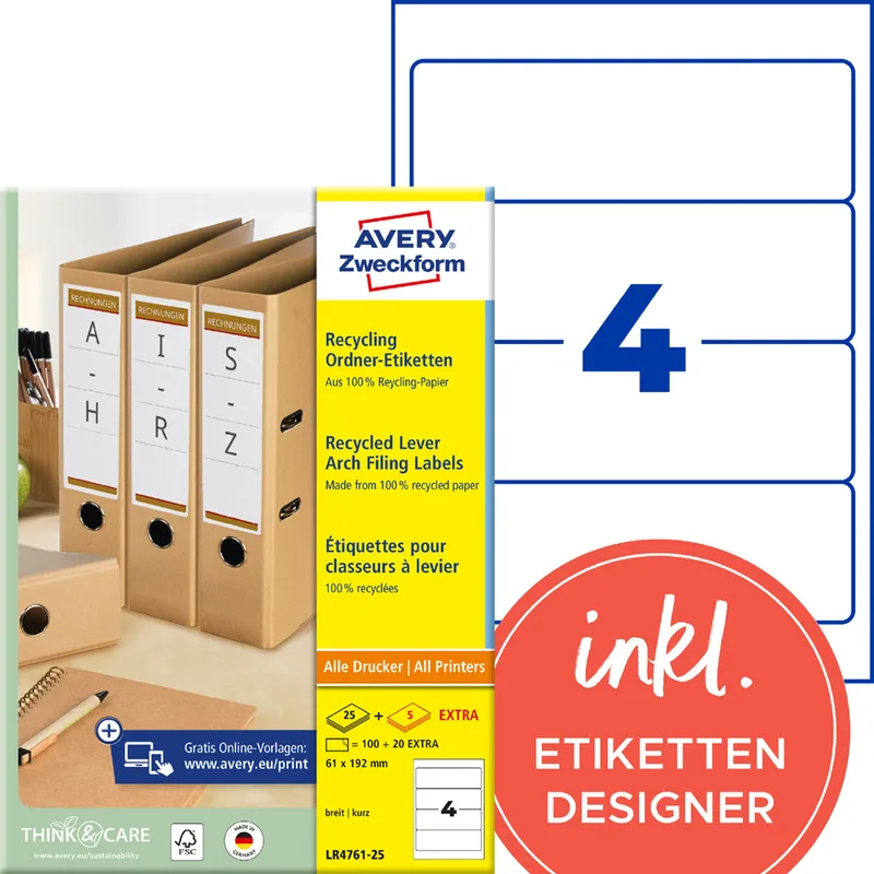 Recycling Ordnerrücken-Etiketten, 61 x 192mm von Avery – Produktfoto