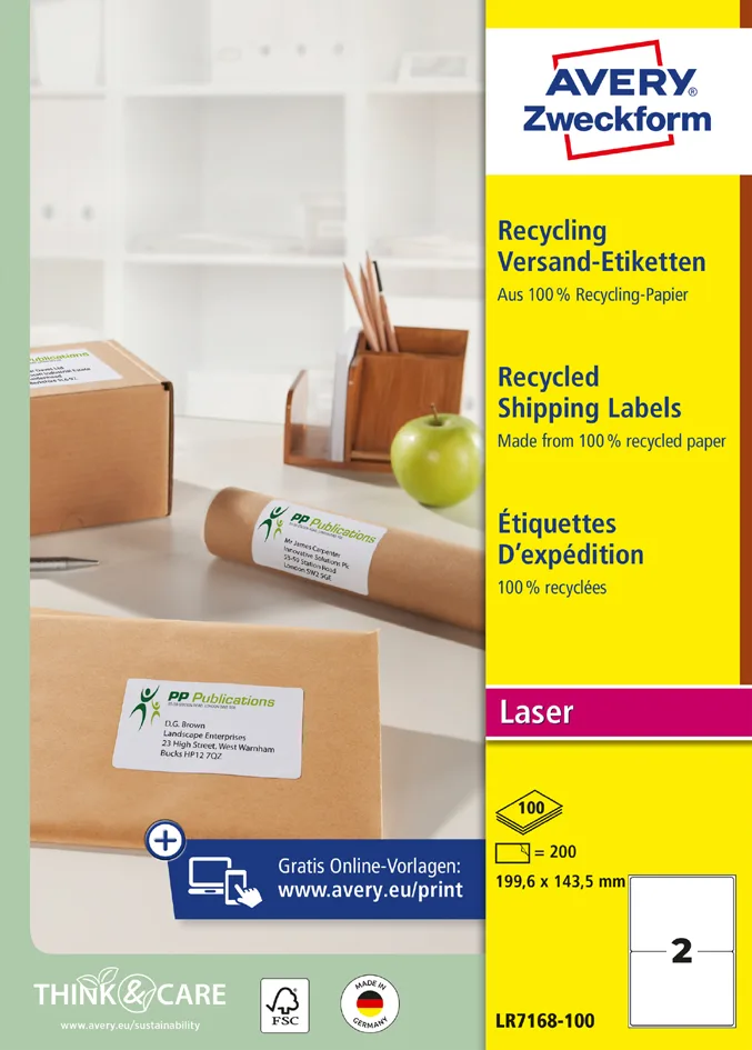 Recycling Versand-Etiketten, 199,6 x 143,5mm by Avery – product photo