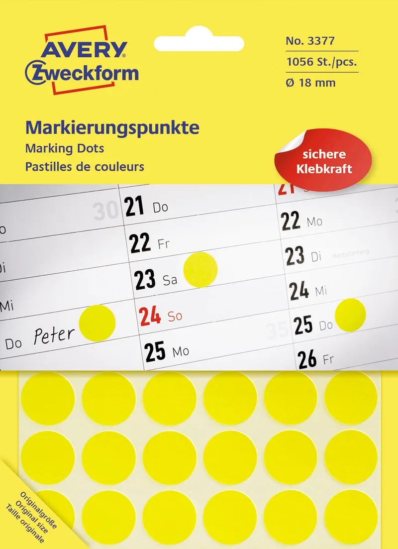 Ronde etiketten diameter 18 mm, geel, 1.056 stuks van Avery – productfoto