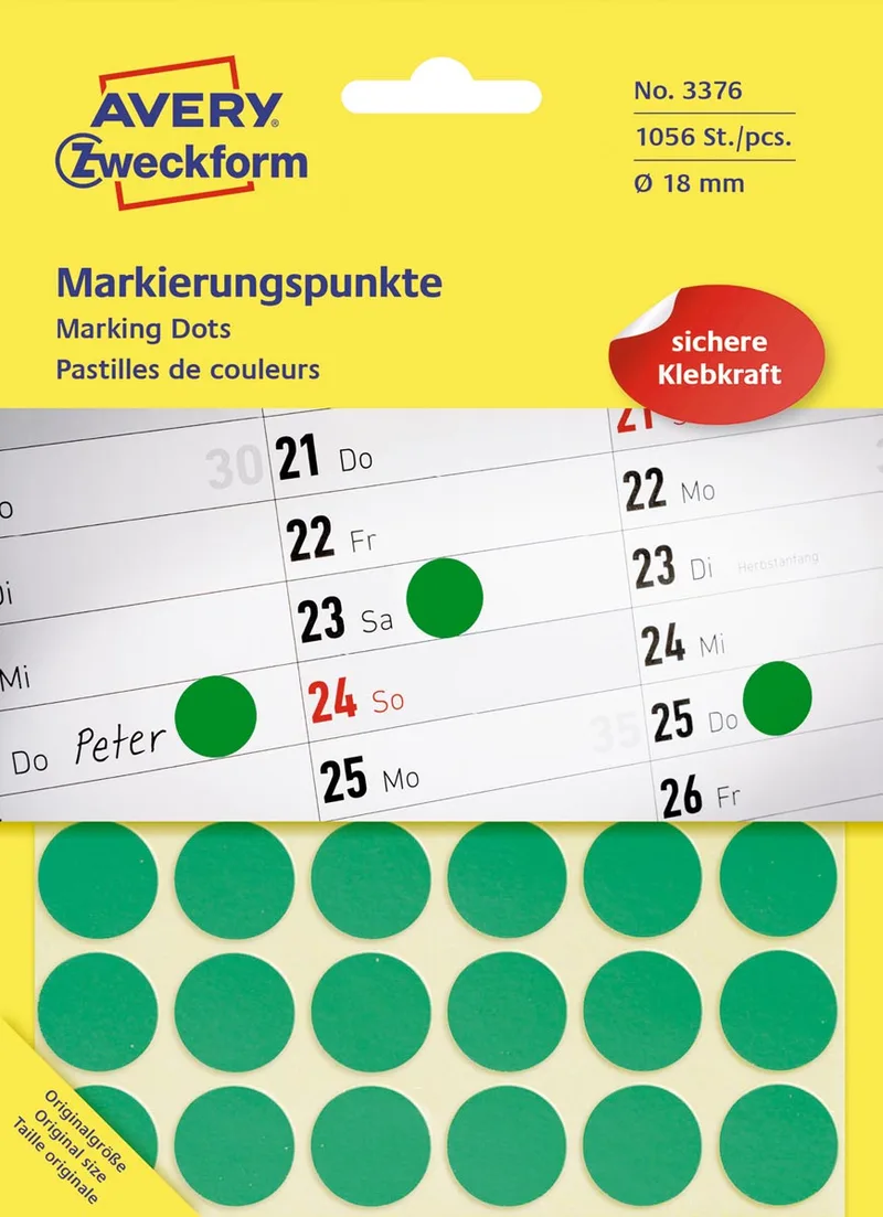 Ronde etiketten diameter 18 mm, groen, 1.056 stuks van Avery – productfoto