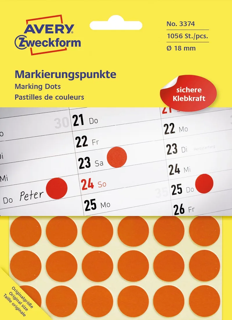 Ronde etiketten diameter 18 mm, rood, 1.056 stuks van Avery – productfoto