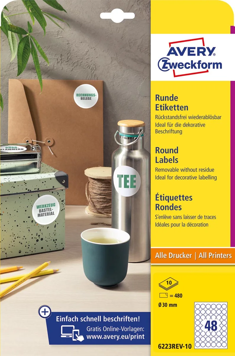 ronde etiketten, diameter 30 mm, wit, afneembaar, 480 etiketten, 10 vellen van Avery – productfoto