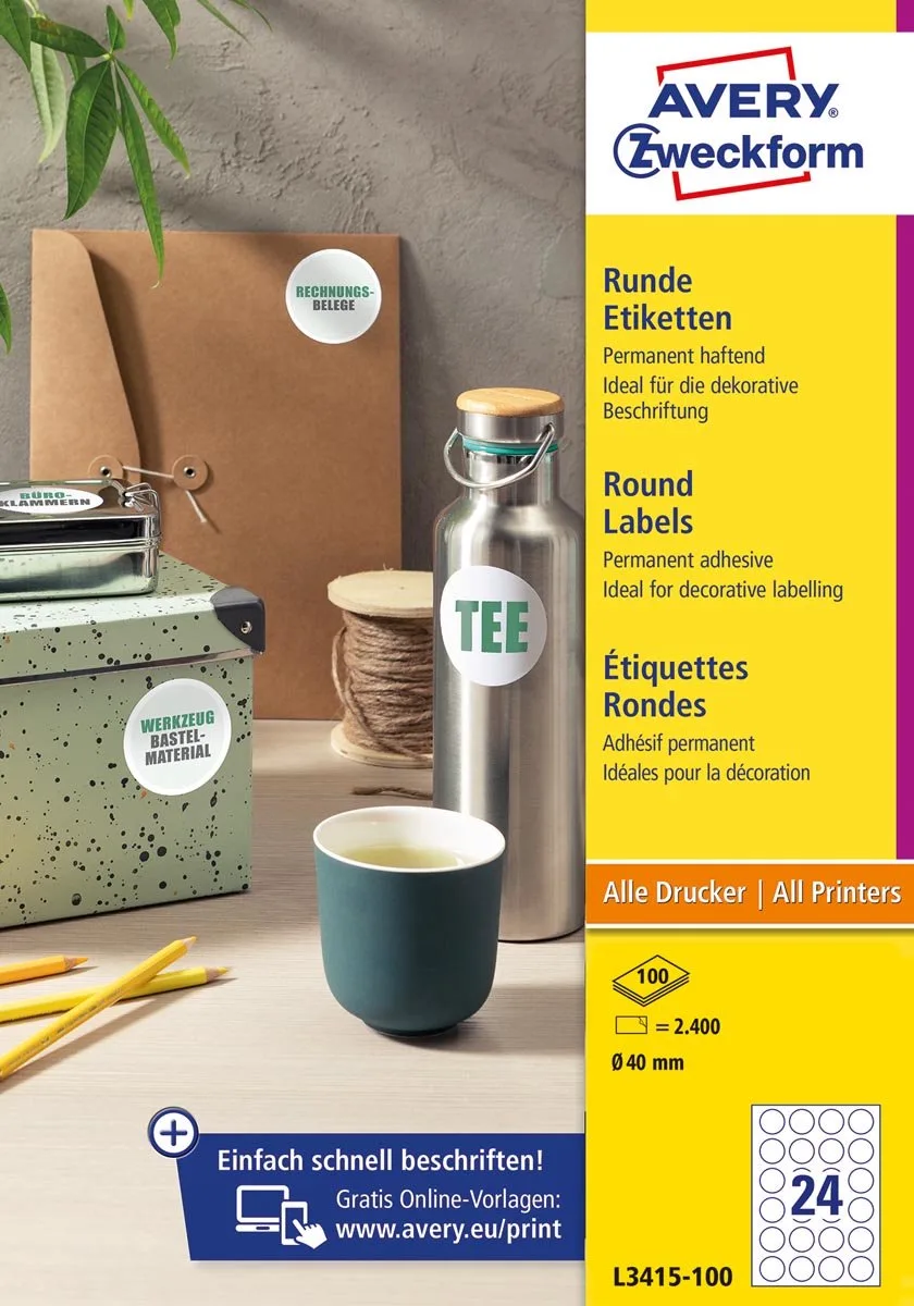 ronde etiketten, diameter 40 mm, wit, permanent klevend, 240 etiketten, 10 vellen 50 stuks de Avery en 40 mm – photo produit