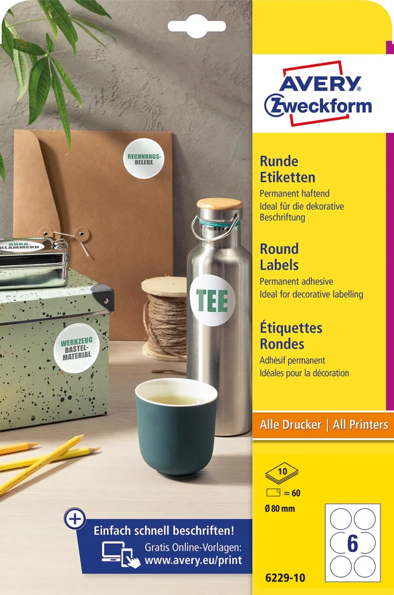 ronde etiketten, diameter 80 mm, wit, permanent klevend, 60 etiketten, 10 vellen van Avery – productfoto