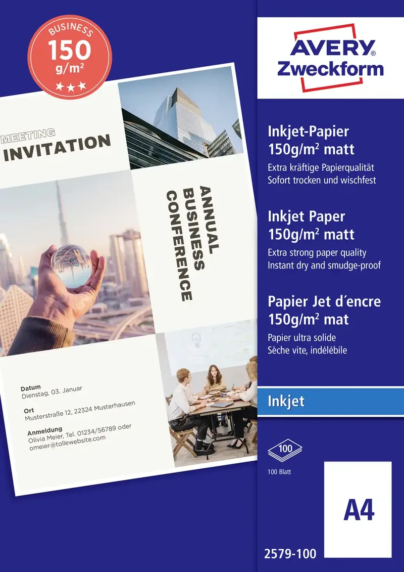Superior Inkjet Paper 2579-100 Tintenstrahl Druckerpapier DIN A4 150 g/m² 100 Blatt Weiß von Avery – Produktfoto