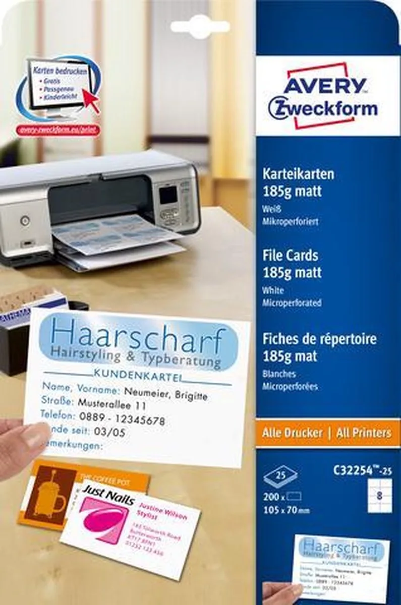 Systeemkaart Avery 105x70mm 185gr 25 vel 8 kaarten per vel von Avery in Weiß – Produktfoto