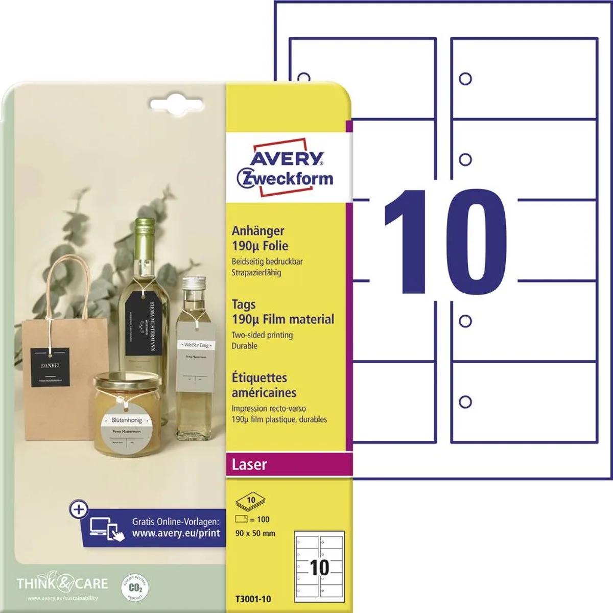 T3001-10 Labels 90 x 50 mm Polyester 100 stuk(s) Niet hechtend Laser (kleur), Laser (zwart/wit) von Avery in Weiß – Produktfoto