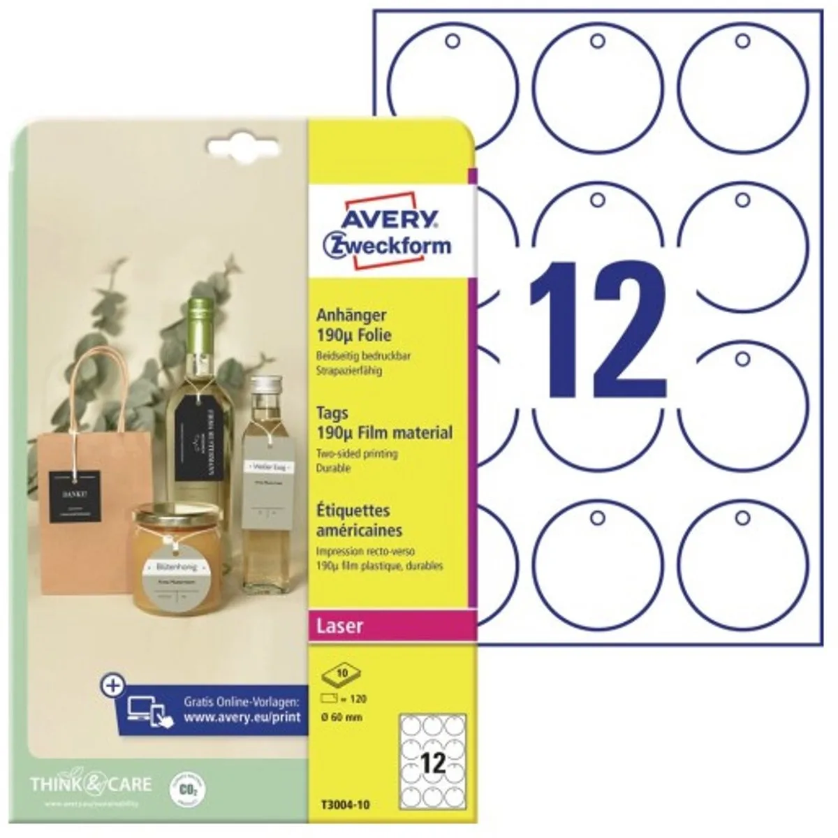 T3004-10 Labels Ø 60 mm Polyester 120 stuk(s) Niet hechtend Laser (kleur), Laser (zwart/wit) von Avery in Weiß – Produktfoto
